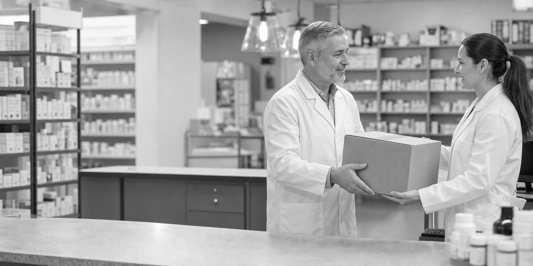 Two licensed pharmacists completing a secure medication shipment handoff