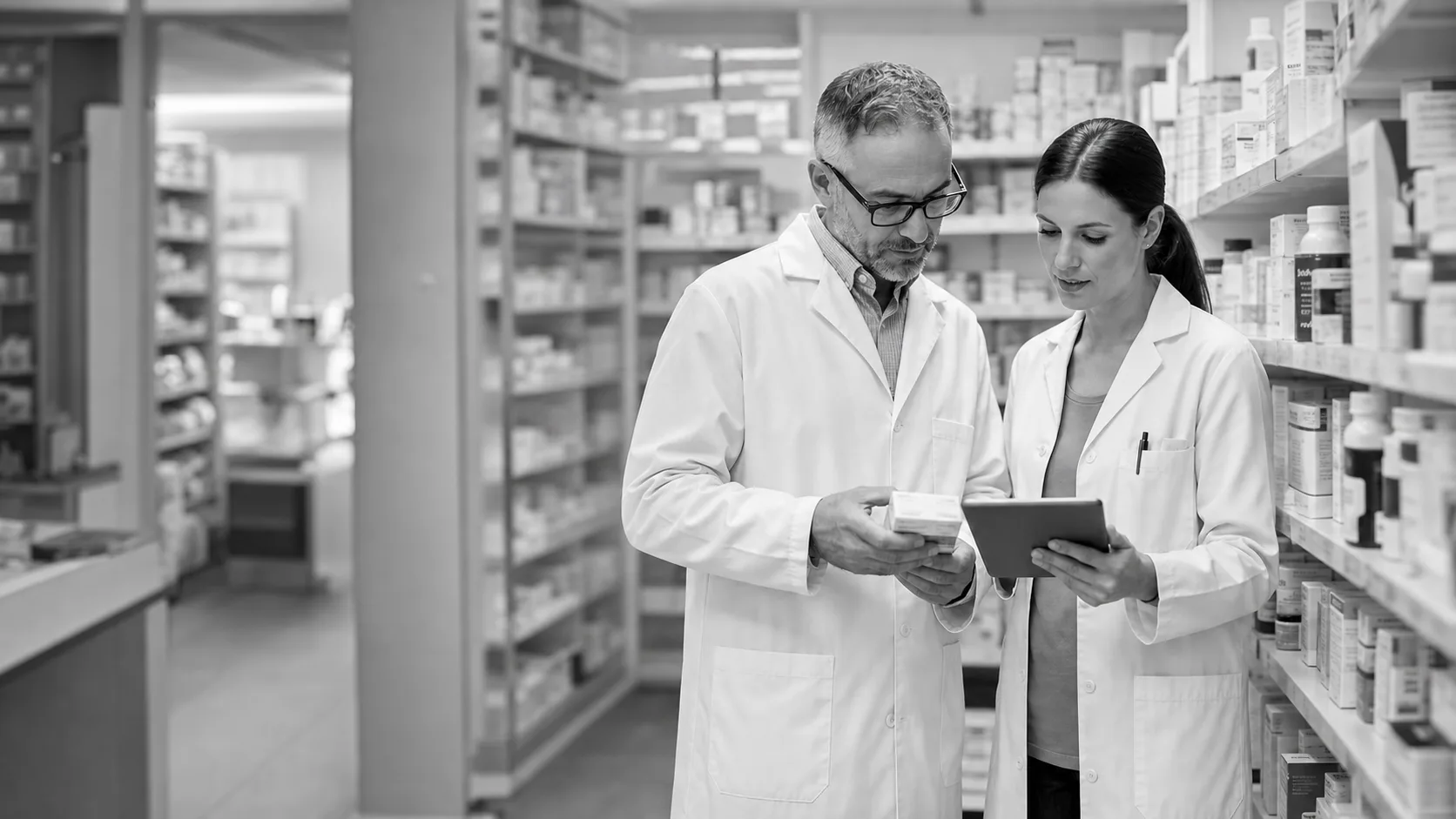 Two pharmacists reviewing overstock inventory and an inventory screen